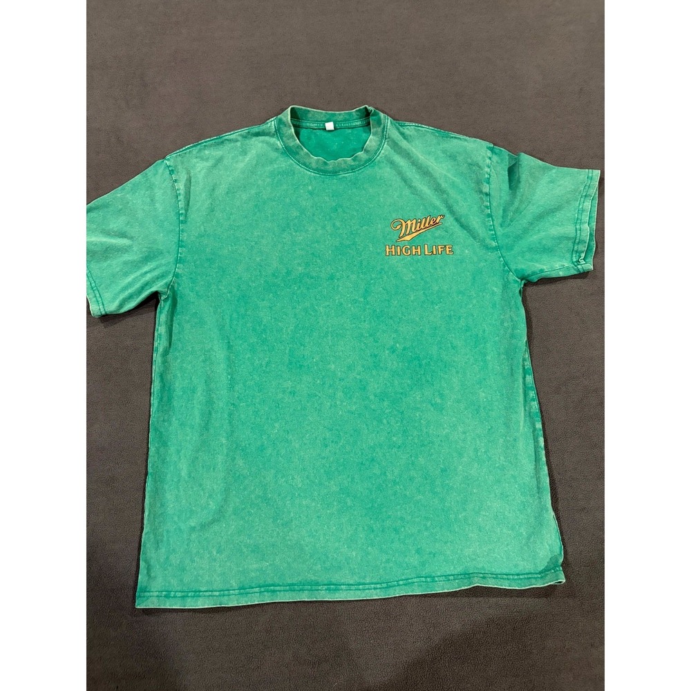 Miller High Life T Shirt Mens Large Green Space Dye Bold Filled Beer Glass Print